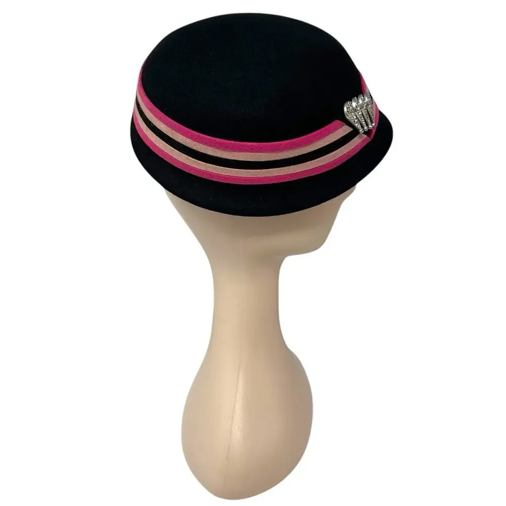 Vintage 1960s Fur Felt Pillbox Hat Pink Black Rhinestone Brooch Jackie O - Picture 3 of 10